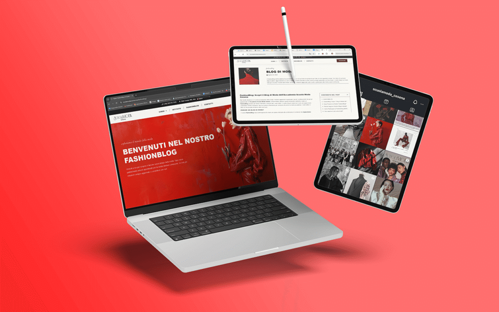 Computadora portátil y dos tabletas mostrando el sitio web, blog e Instagram de una academia de moda, con un diseño moderno en tonos rojos, negros y blancos sobre un fondo rojo vibrante