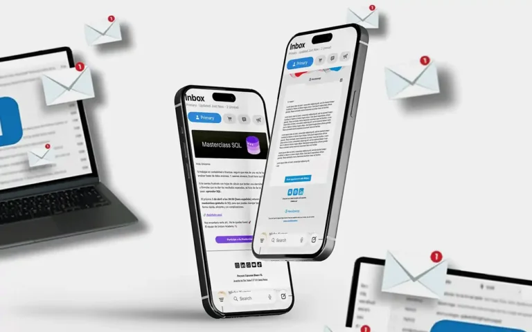 Dos teléfonos mostrando correos electrónicos abiertos en la bandeja de entrada, con varios iconos de sobres con notificaciones flotando alrededor y una laptop borrosa en el fondo.