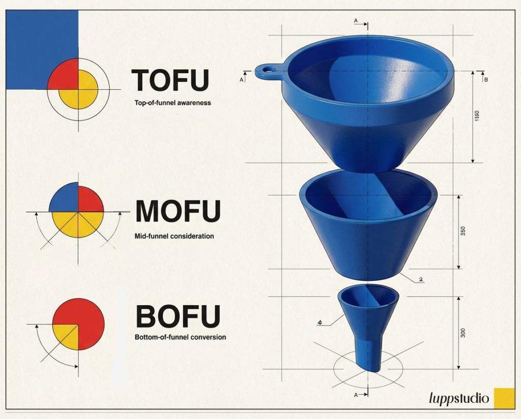 Un diagrama que explica el concepto de embudo de ventas utilizando un estilo de diseño industrial